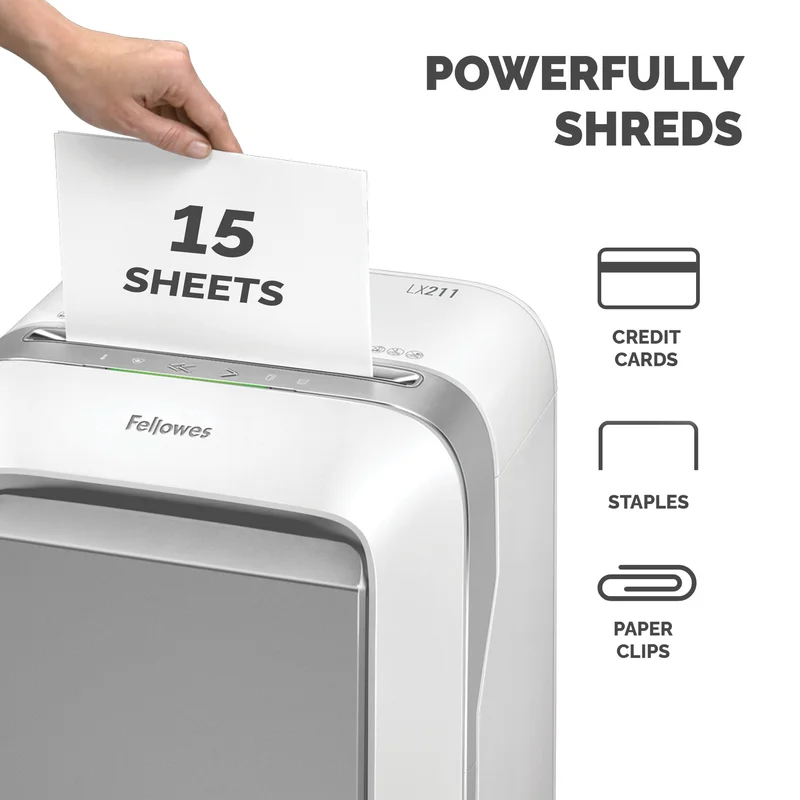 Шредер за унищожаване на документи Fellowes LX211, Micro-Cut, 23 L, бял, P-5, за 1-3 потребителя
