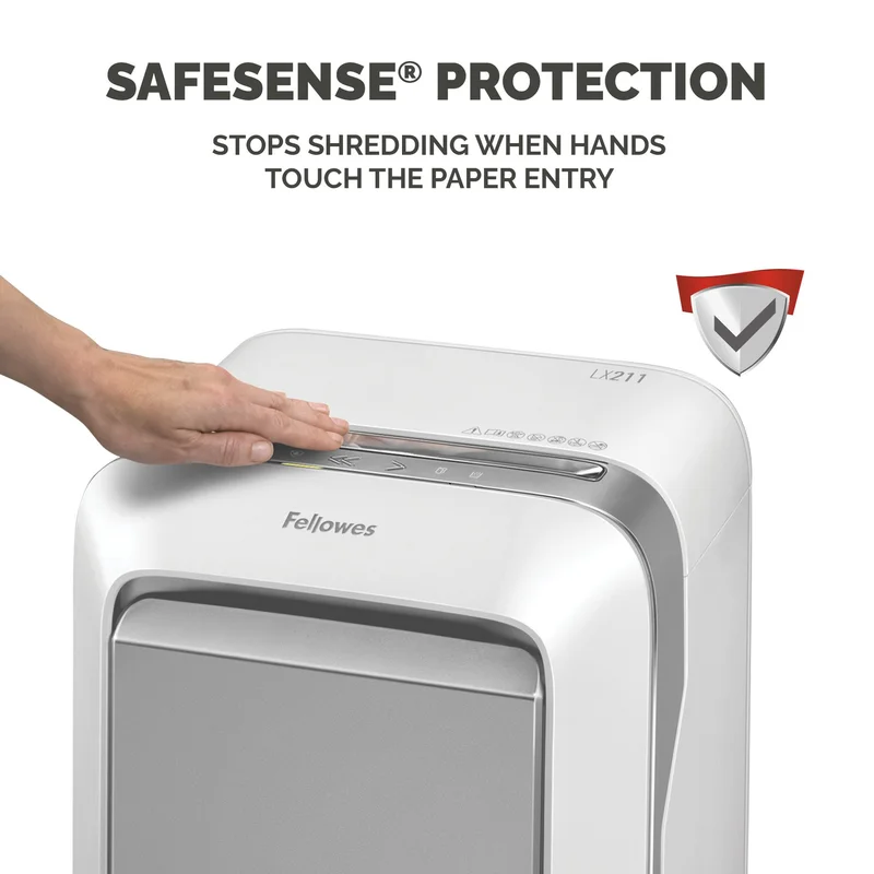 Шредер за унищожаване на документи Fellowes LX211, Micro-Cut, 23 L, бял, P-5, за 1-3 потребителя