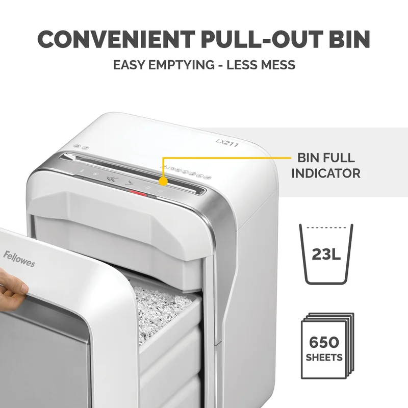 Шредер за унищожаване на документи Fellowes LX211, Micro-Cut, 23 L, бял, P-5, за 1-3 потребителя