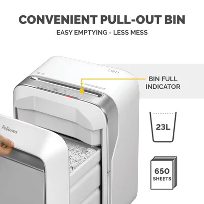 Шредер за унищожаване на документи Fellowes LX211, Micro-Cut, 23 L, бял, P-5, за 1-3 потребителя