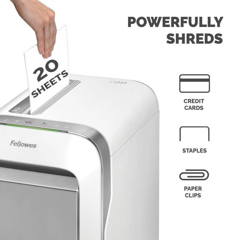 Шредер за унищожаване на документи Fellowes LX221, Micro-Cut, 30 L, бял, P-5, време за работа 25 мин