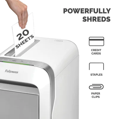 Шредер за унищожаване на документи Fellowes LX221, Micro-Cut, 30 L, бял, P-5, време за работа 25 мин