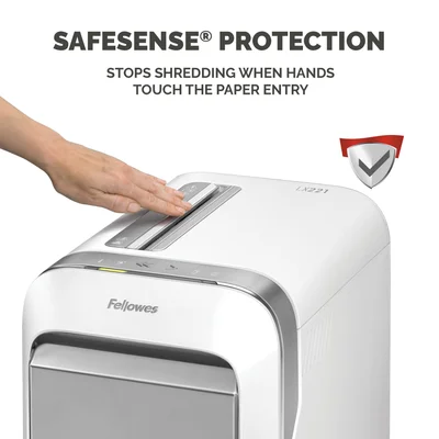 Шредер за унищожаване на документи Fellowes LX221, Micro-Cut, 30 L, бял, P-5, време за работа 25 мин