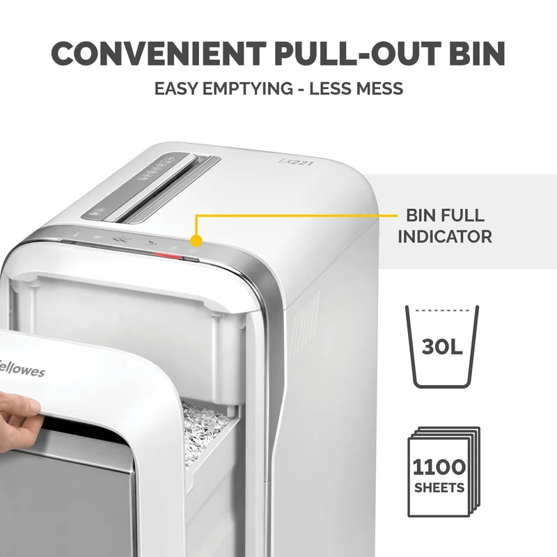 Шредер за унищожаване на документи Fellowes LX221, Micro-Cut, 30 L, бял, P-5, време за работа 25 мин