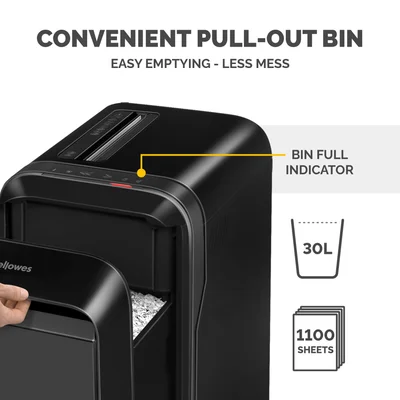 Шредер за унищожаване на документи Fellowes LX221, Micro-Cut, 30 L, черен, P-5, време за работа 25 мин