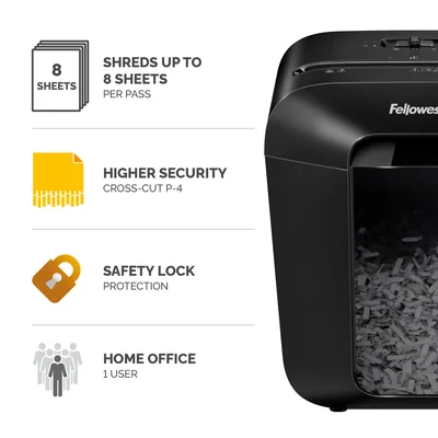 Шредер за унищожаване на документи Fellowes Powershred LX45, Cross-Cut, черен, P-4, обем на коша 17 L, време за работа 6 мин, ниво на шум 70 dB