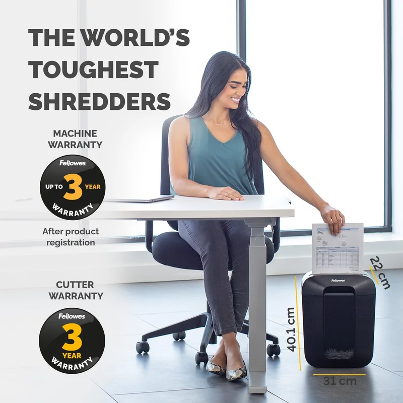 Шредер за унищожаване на документи Fellowes Powershred LX45, Cross-Cut, черен, P-4, обем на коша 17 L, време за работа 6 мин, ниво на шум 70 dB