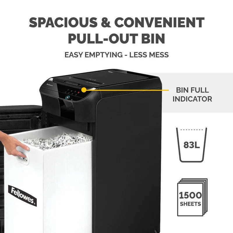 Шредер за унищожаване на документи Fellowes Automax 600M, P-5, Micro-Cut, 83 L, черен, време за работа 45 мин, време за почивка 30 мин