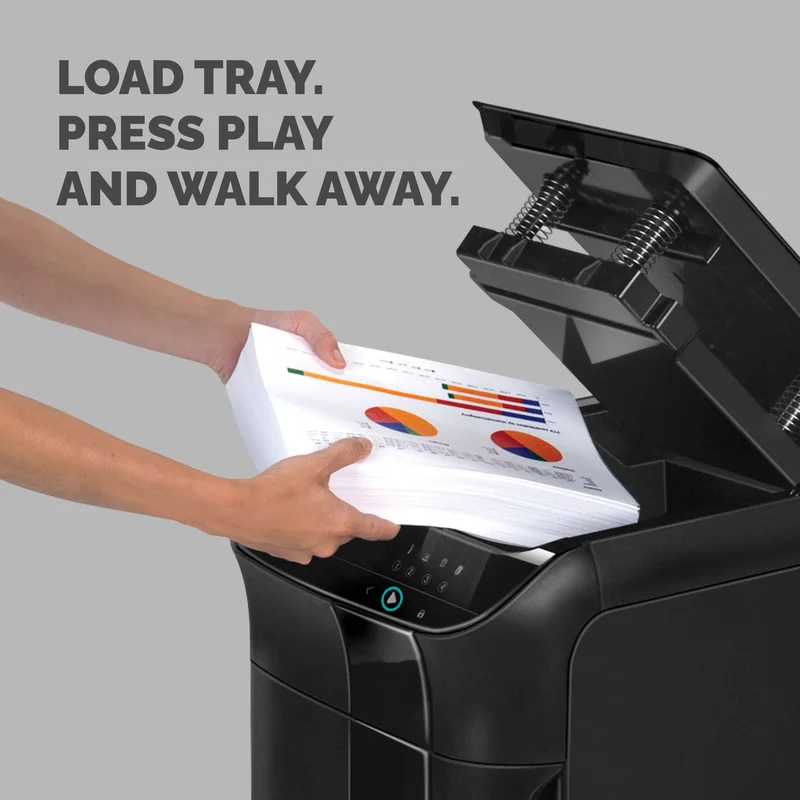 Шредер за унищожаване на документи Fellowes Automax 600M, P-5, Micro-Cut, 83 L, черен, време за работа 45 мин, време за почивка 30 мин
