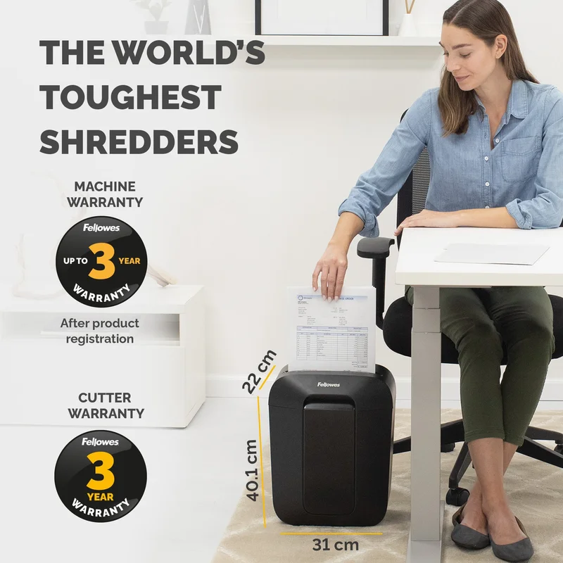 Шредер за унищожаване на документи Fellowes Powershred LX50, P-4, Cross-Cut, черен, обем на коша 17 L, време за почивка 30 мин