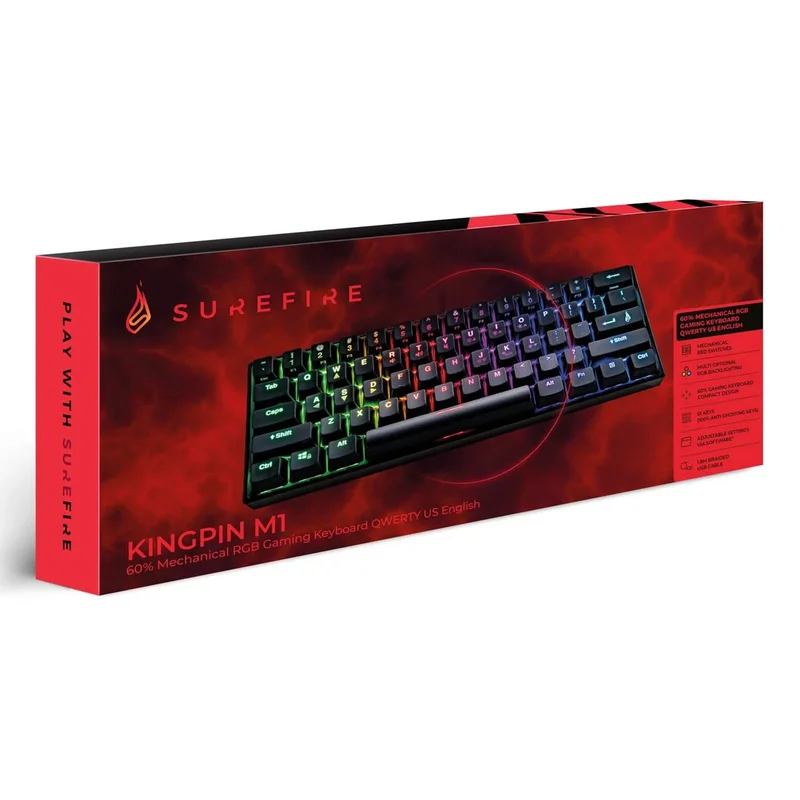 Клавиатура SureFire Kingpin M1, с кабел 1.8 m, геймърска, метална, USB Type-A, 61 бутона