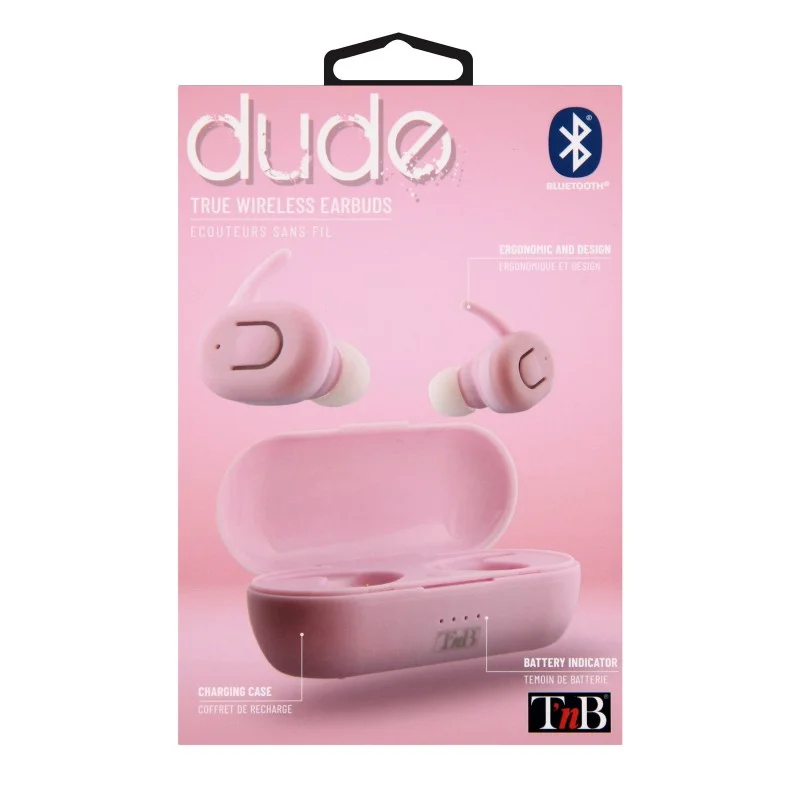 Слушалки TNB Dude, безжични, с Bluetooth, 105 dB, със зареждащ кейс, розови