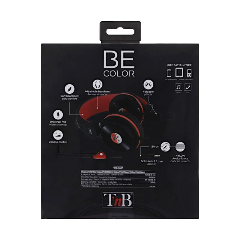Слушалки TNB Be Color, с кабел 1.2 m и микрофон, 3.5 mm жак, 105 dB, черно-червени