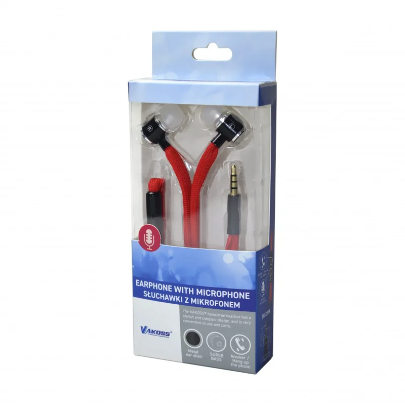 Слушалки Vakos SK-251K, с тапи, с микрофон, 3.5 mm жак, 98 dB, червени