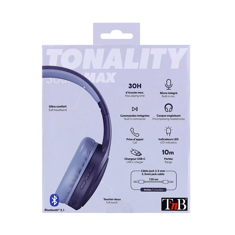 Слушалки TNB Tonality, с Bluetooth, USB Type-C, 117 dB, тъмносини