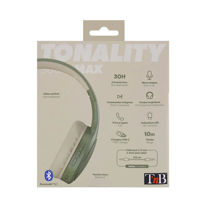 Слушалки TNB Tonality, с Bluetooth, USB Type-C, 117 dB, цвят маслина