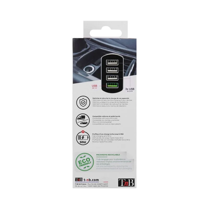 Зарядно устройство TNB, за автомобилна запалка, с 4 USB порта, Quick Charge 3.0 USB