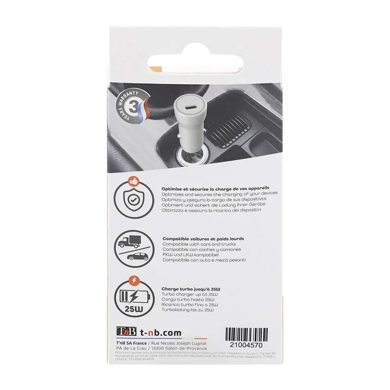 Зарядно за кола TNB, USB Type C, 20 W, кабел USB Type C - Lightning, дължина 1 m