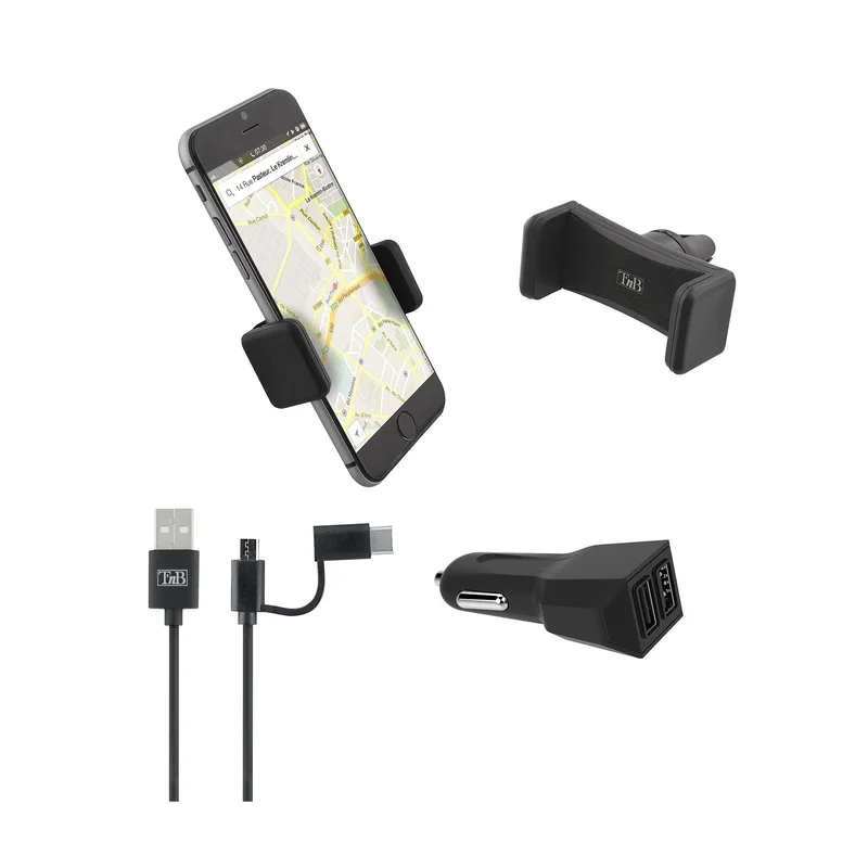 Комплект TNB Incar, 3 в 1, зарядно и стойка за кола, USB Type-C/Micro USB