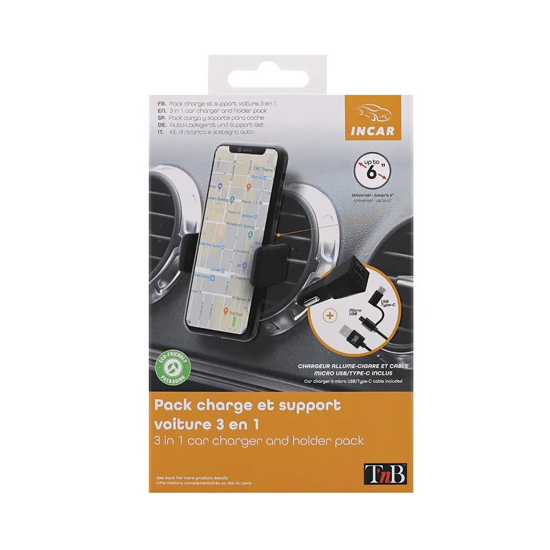 Комплект TNB Incar, 3 в 1, зарядно и стойка за кола, USB Type-C/Micro USB