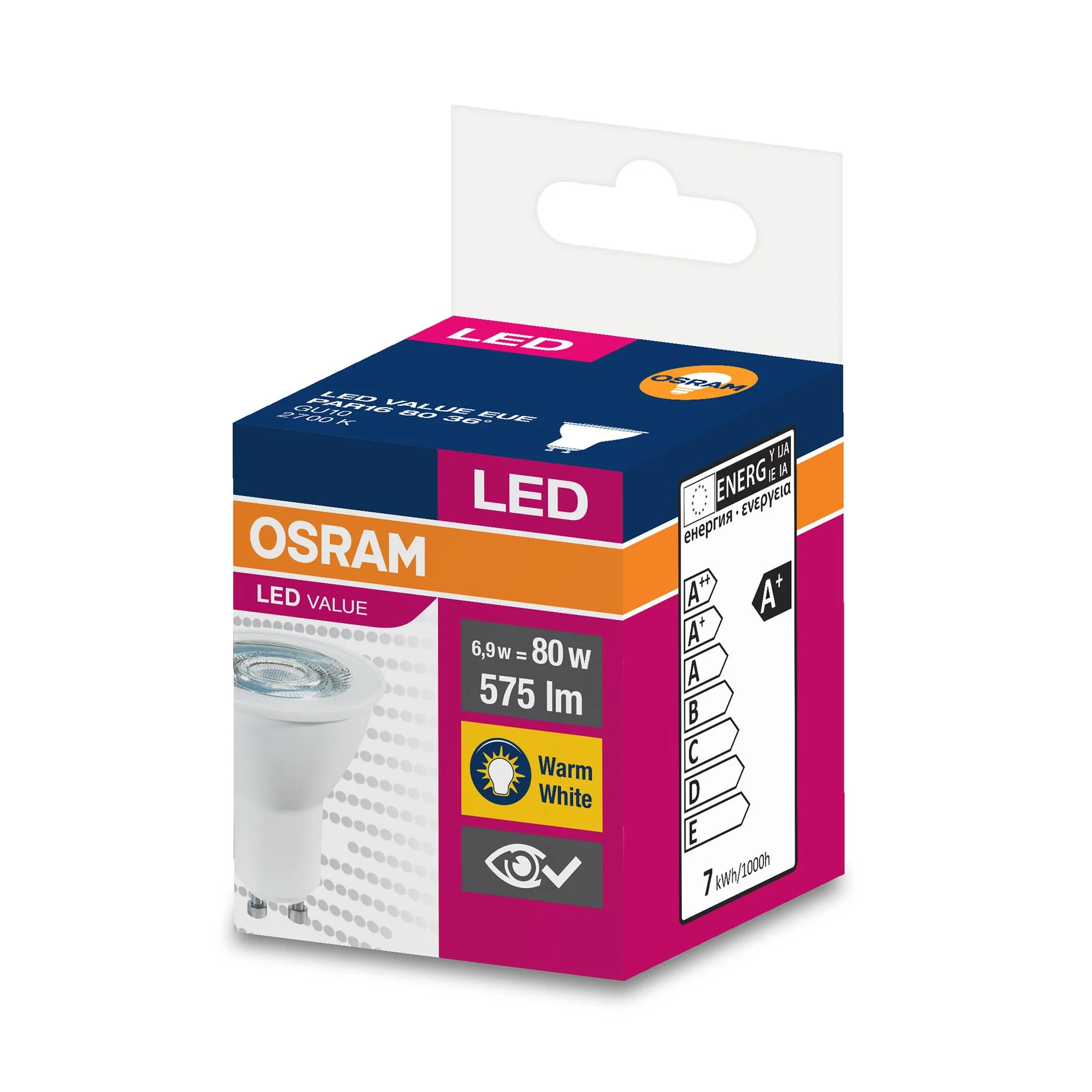 Kрушка Osram LED, GU10, 6.9W, 230V, 575 lm, 2700K