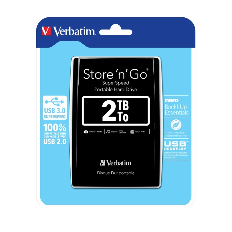 Външен HDD твърд диск Verbatim, 2.5'', USB 3.0, 2 TB, черен