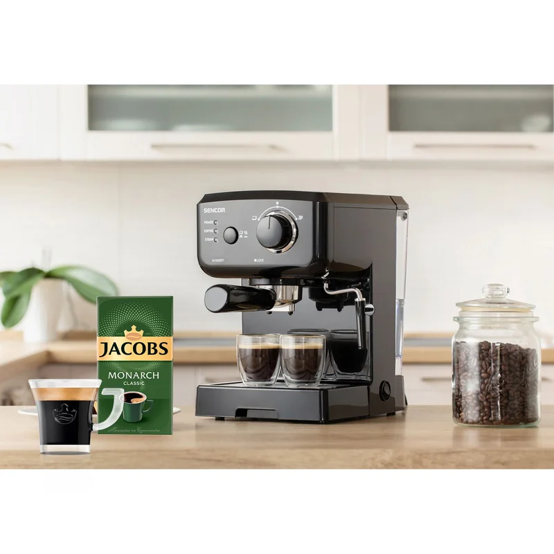 Sencor Кафе машина SES 1710BK, 15 бара, в комплект с Jacobs Monarch Мляно кафе Classic, 250 g и Jacobs стъклена чаша