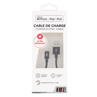 Кабел за TNB Iphone Lightning, 2 m, USB, черен