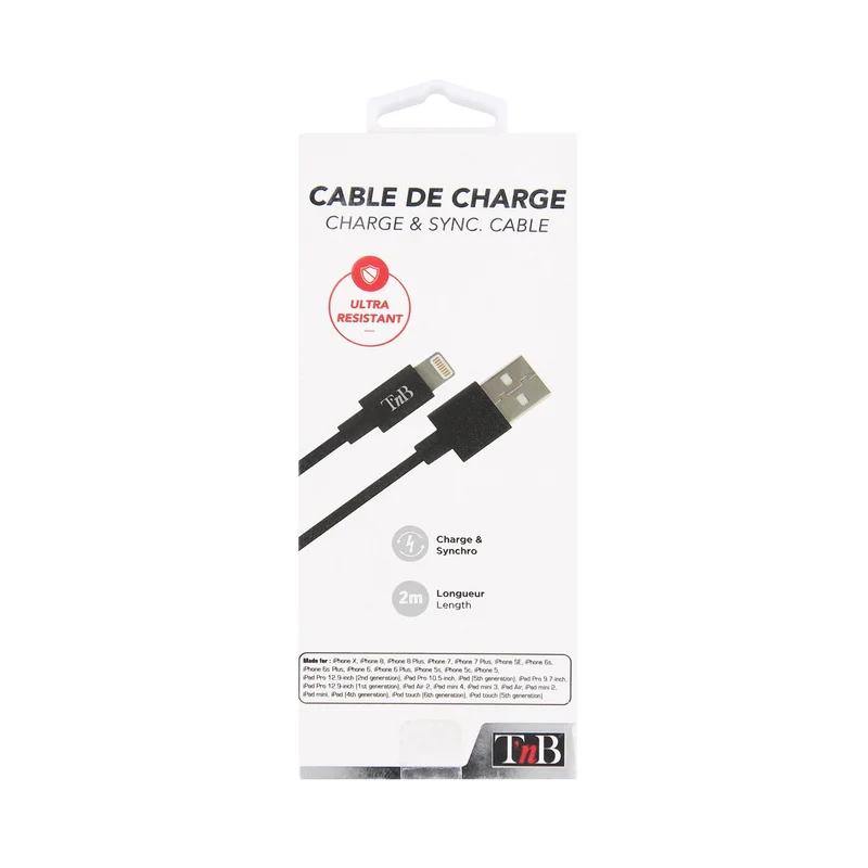 Кабел за TNB Iphone Lightning, 2 m, USB, черен
