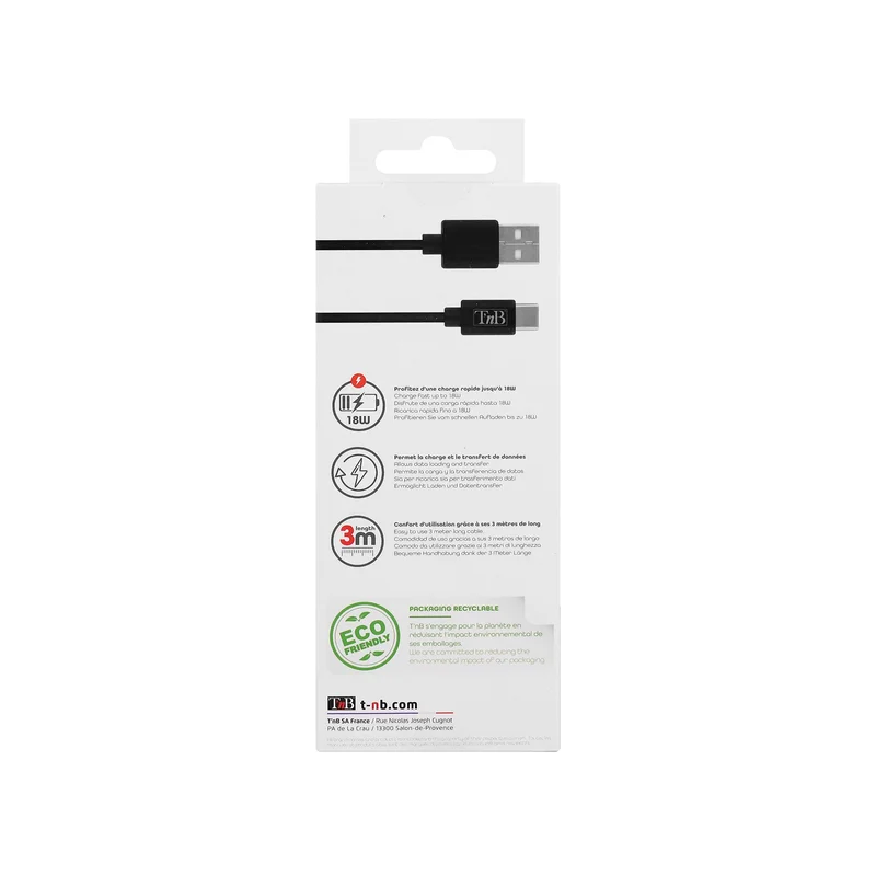 Кабел TNB, USB Type-A към USB Type-C, 3 m, черен