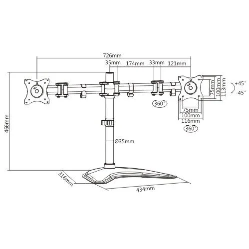Стойка за 2 монитора Lumi LDT07-T024, 13'' - 27'', максимално тегло 8 kg, черна