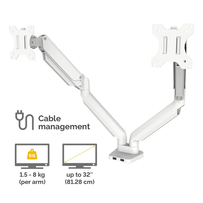 Стойка за 2 монитора Fellowes, с двойно рамо, до 8 kg, 32'', бяла