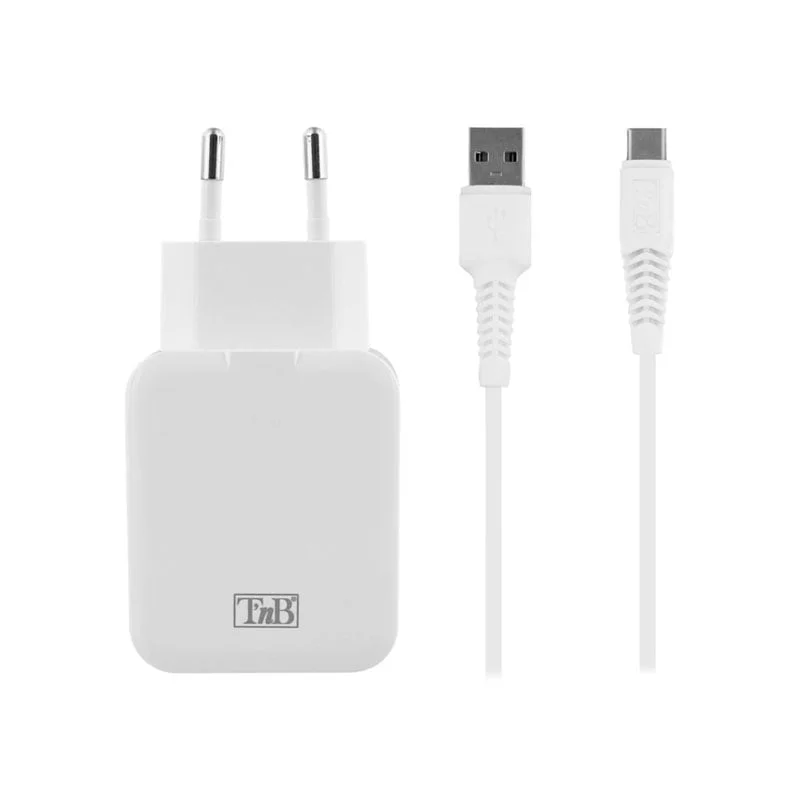 Зарядно за телефон TNB, 2.4 A, USB-C кабел, бял, USB Type-C, USB Type-A, дължина 1 m