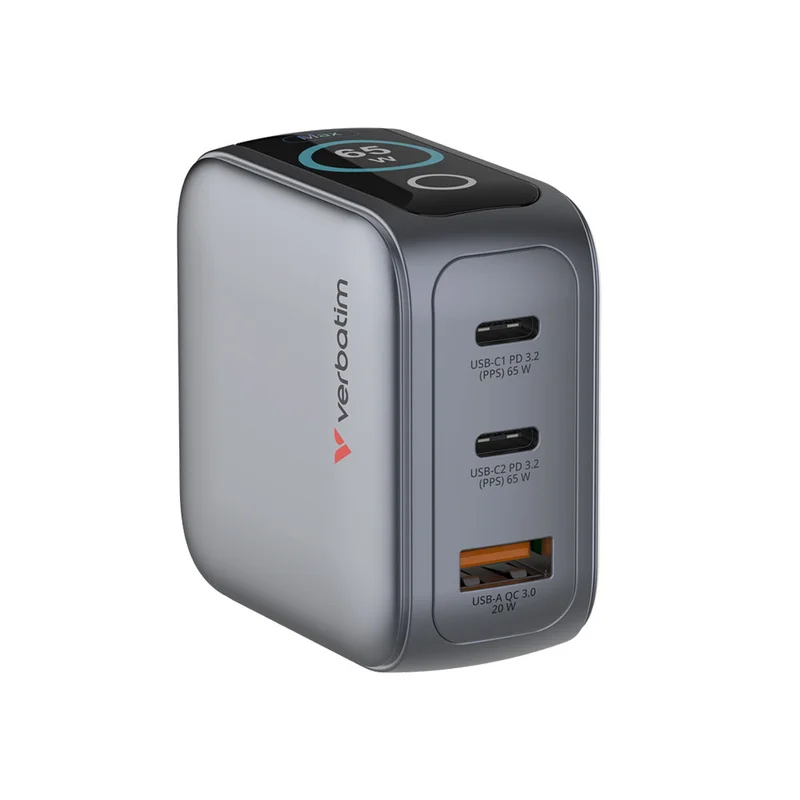 Зарядно устройство Verbatim Mini, GaN, 65 W, сиво