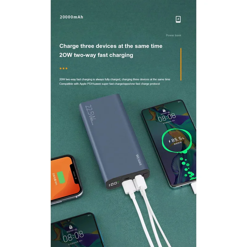 Външна батерия Wesdar S301, 20000 mAh, зелена