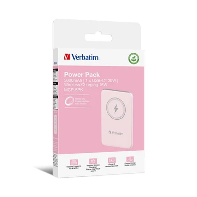 Външна батерия Verbatim Charge 'n' Go, магнитна, 5000 mAh, USB Type-C, розова
