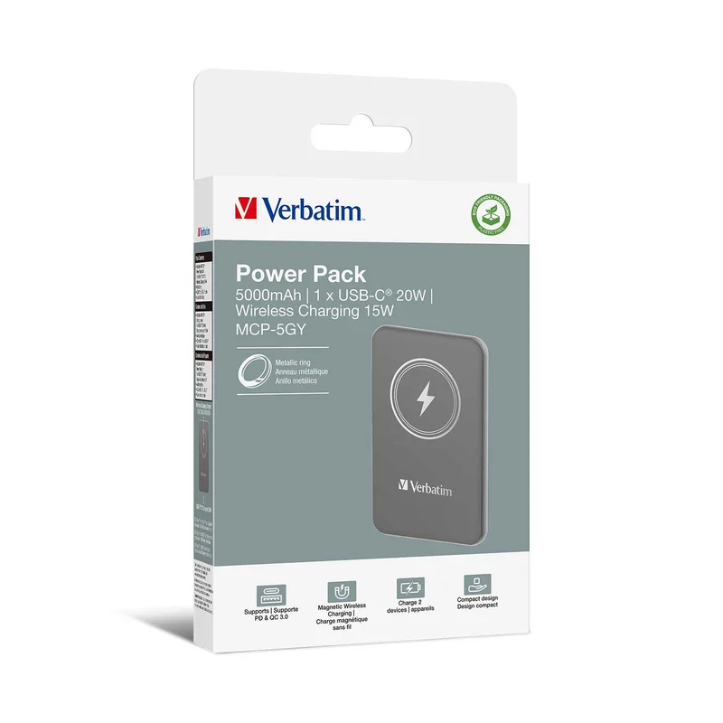 Външна батерия Verbatim Charge 'n' Go, магнитна, 5000 mAh, USB Type-C, сива