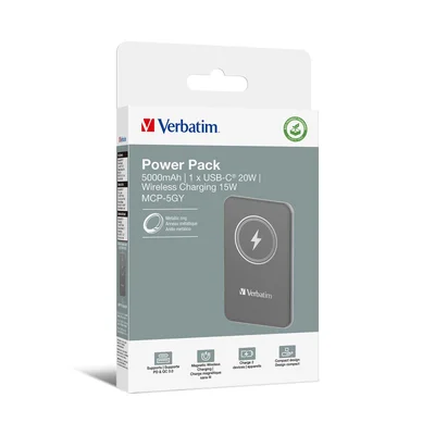 Външна батерия Verbatim Charge 'n' Go, магнитна, 5000 mAh, USB Type-C, сива