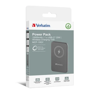 Външна батерия Verbatim Charge 'n' Go, магнитна, 10000 mAh, USB Type-C, сива