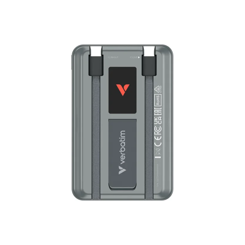 Външна батерия Verbatim Charge'n'Go, с дисплей, 10000 mAh, сива