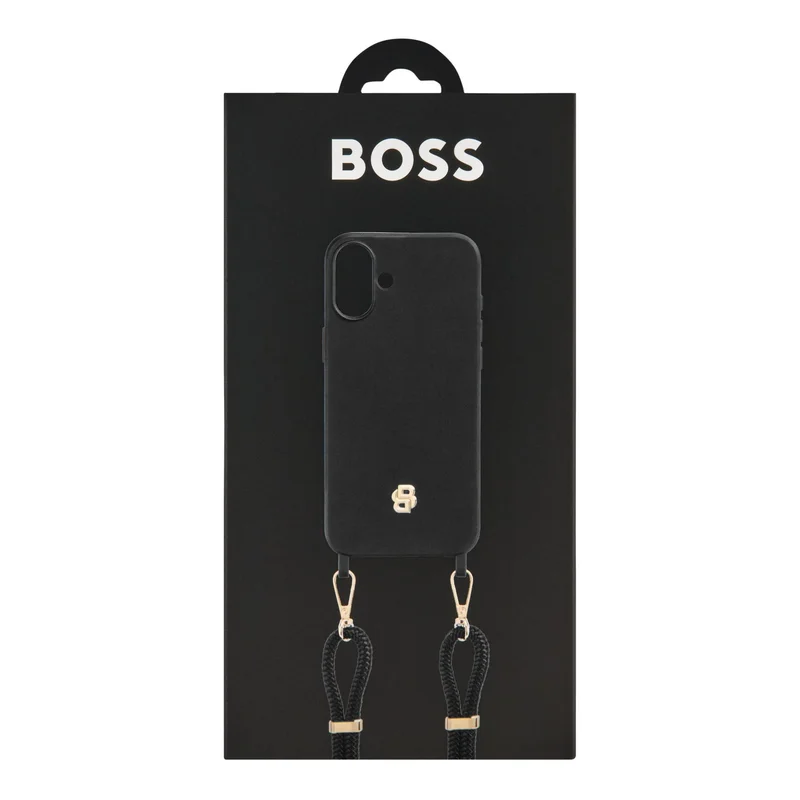Hugo Boss Калъф за телефон, за iPhone 16 Plus, с връзка, черно-златист