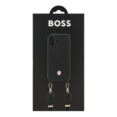 Hugo Boss Калъф за телефон, за iPhone 16 Plus, с връзка, черно-златист