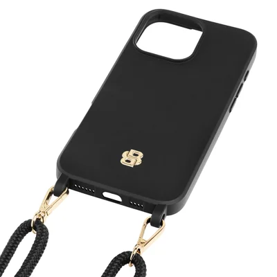 Hugo Boss Калъф за телефон, за iPhone 16 Pro Max, с връзка, черно-златист