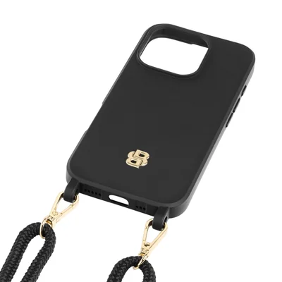 Hugo Boss Калъф за телефон, за iPhone 16 Pro, с връзка, черно-златист