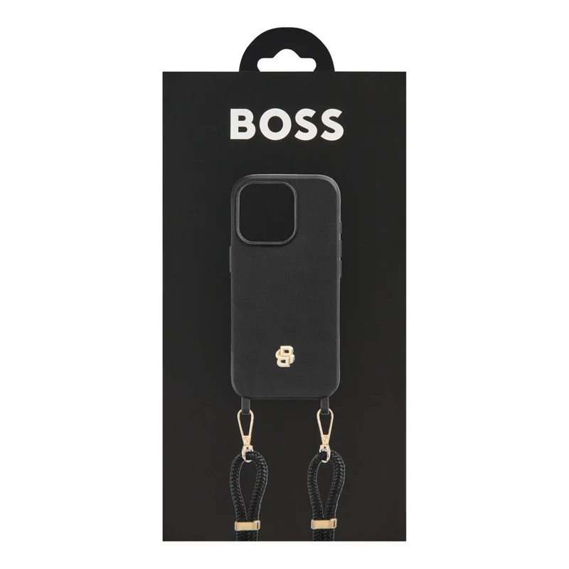 Hugo Boss Калъф за телефон, за iPhone 16 Pro, с връзка, черно-златист