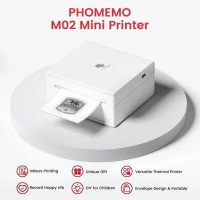 Принтер Phomemo M02-WH, преносим, мини, без мастило, максимална широчина на етикета 53 mm, бял