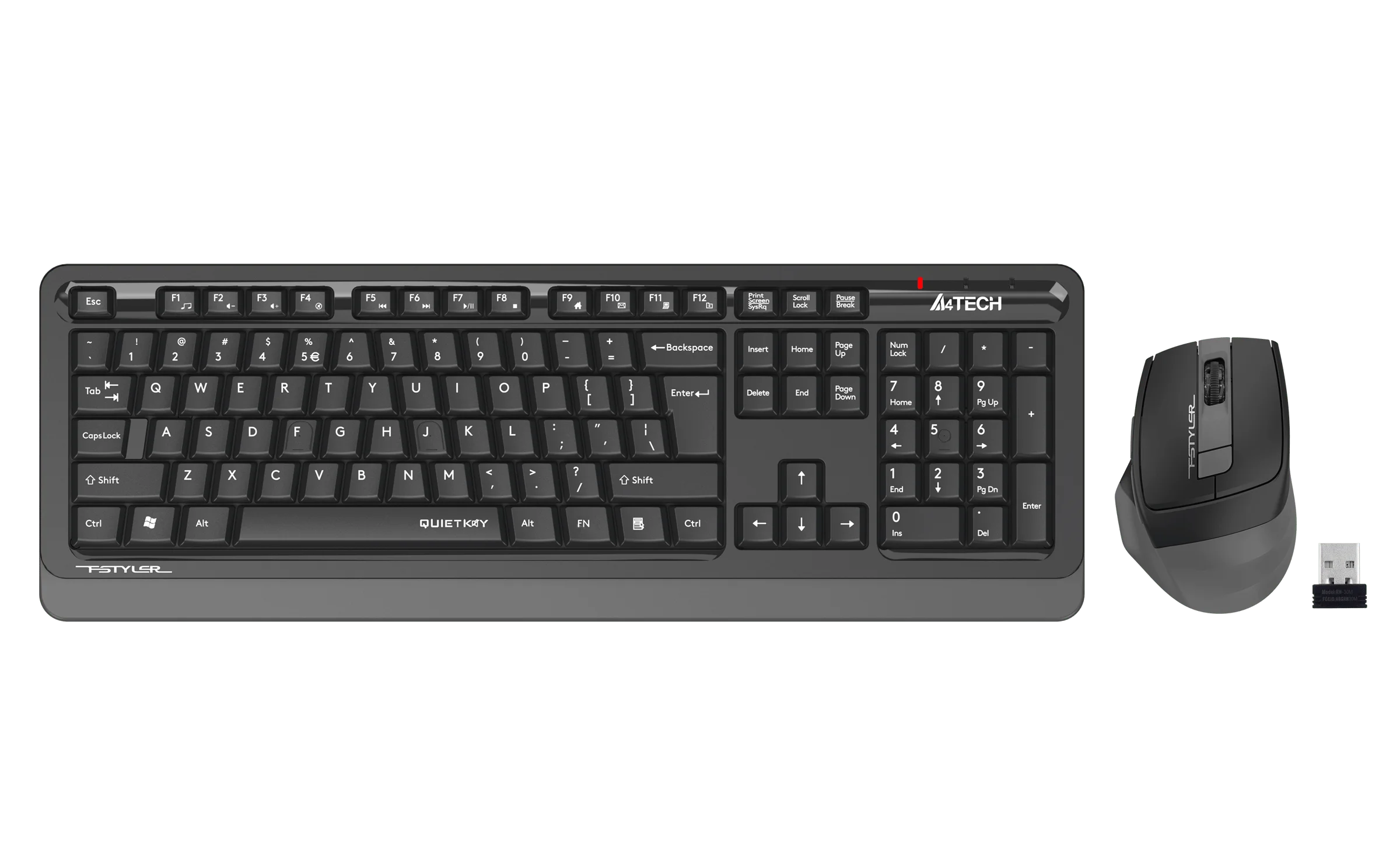 Комплект A4Tech - клавиатура и мишка Fstyler FGS1035Q, 2.4 GHz, Nano USB, 6 бутона на мишката, AAA, сиви