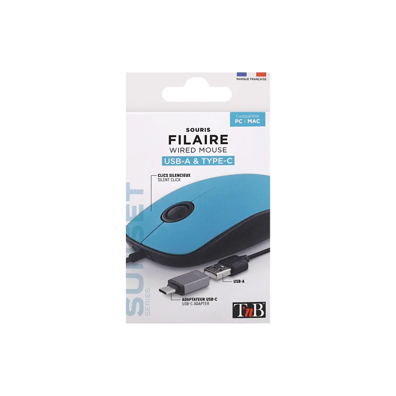 Мишка TNB Sunset, с кабел, USB Type-A, с адаптер USB Type-C, 3 бутона, синя