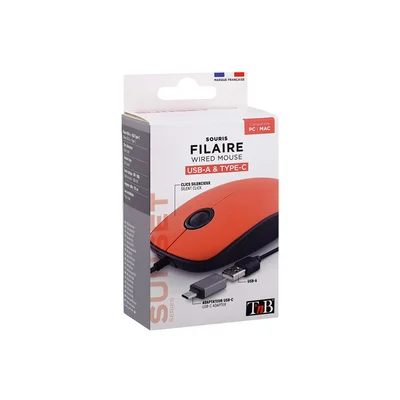 Мишка TNB Sunset, с кабел, USB Type-A, с адаптер USB Type-C, 3 бутона, червена
