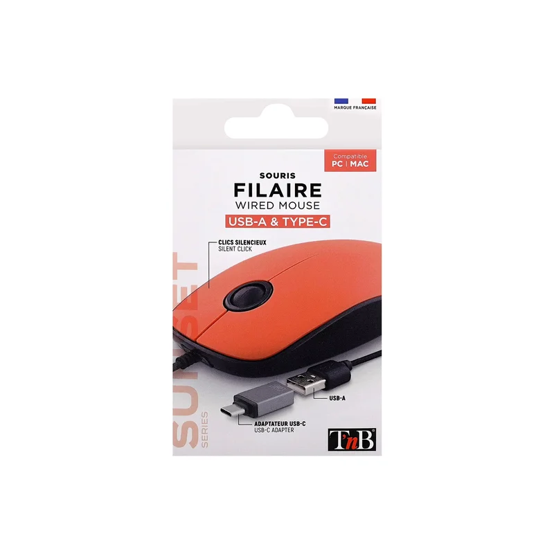 Мишка TNB Sunset, с кабел, USB Type-A, с адаптер USB Type-C, 3 бутона, червена